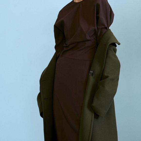 NWT Zara Ruched Brown Midi Dress - Picture 6 of 9